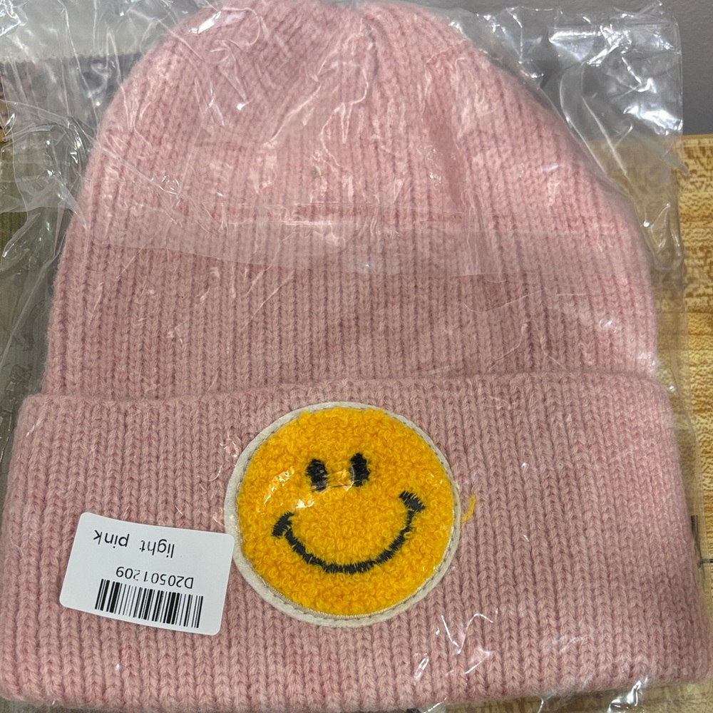 Light Pink Smiley Face Knit Beanie